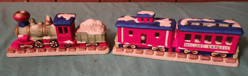 Porcelain hand painted train 8" long each