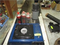 Small portable gas range w/fuel; thermos