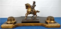 Antique Pen & Inwell Stand w/ Bronze Horse & Rider