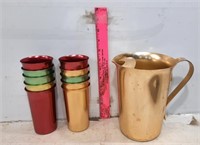 Metal Water Pitcher & 10 Drinking Glasses
