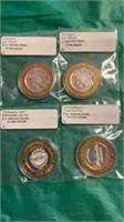 4 Casino Tokens w/Silver Center