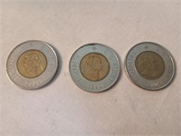 Trio of Canadian 2 Dollar Toonies/Coins