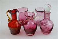 4 PIECES HAND BLOWN CRANBERRY GLASS + GLASS JUG