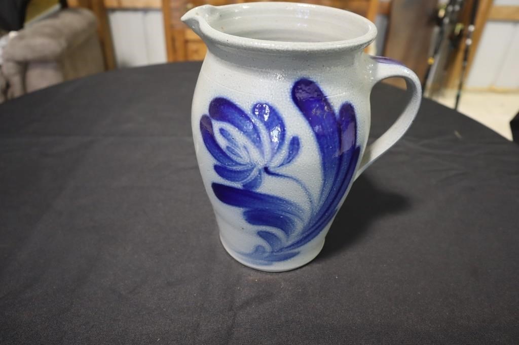 Blue and gray stoneware pottery pitcher signed