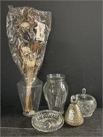 Crystal Glass AshTray With Clear Glass Vases And