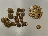 WWII Army officer hat badge, buttons, and pin