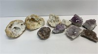 (3) Druzy quartz geode, (6) Smokey amethyst