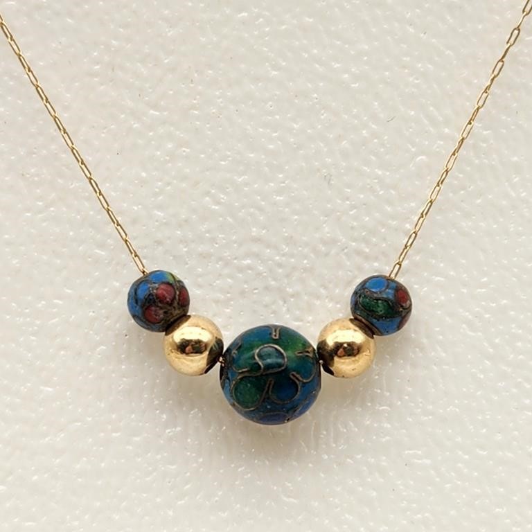 14K Gold Necklace Cloisonne & Gold Beads