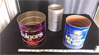 Three vintage cans Folgers, Maxwell House & tin
