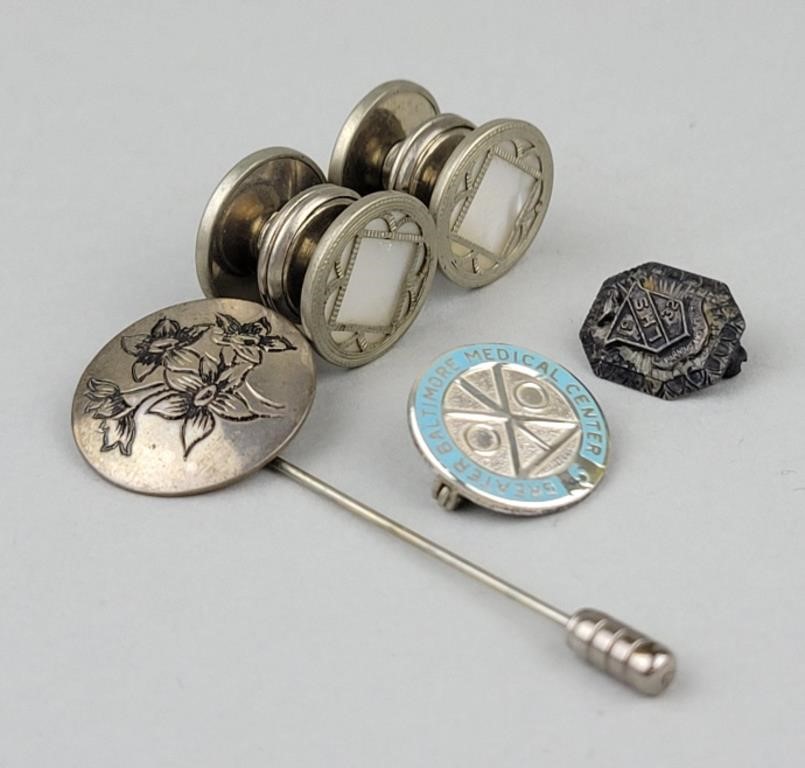 Sterling Cuff Links & 3 Pins.