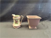 PINK VINTAGE 7 INCH WATER PITCHER AND VASE
