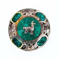 Vintage Sterling Silver Round Pin Inlay Emeralds