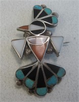 Zuni SS Multi Stone Inlay Thunderbird Pin - Tested