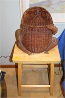 WICKER STYLE FROG BASKET AND WOODEN STOOL