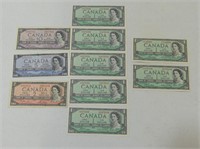 TEN 1954 BANK OF CANADA BANK NOTES