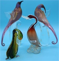 4 BLOWN ITALIAN GLASS BIRDS, 7" - 13" H, NO