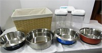 3 Canisters and 4 Metal Dog Bowls