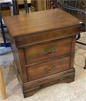 Dark stained two drawer wood side stand measures