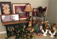 Chickens, bench, lamp, pictures,