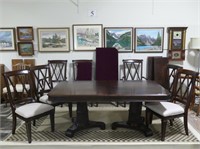 CONTEMPORARY DARK FINISH DBL PED. TABLE W/CHAIRS