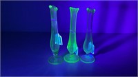 (3) Uranium glass bud vases. All stand