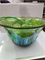 Green Carnival Glass Punch Bowl Set 12 Glasses