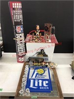 Pacers beer mirror, bobbleheads figures, posters