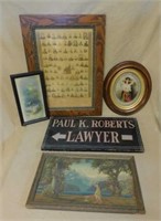 Antique Prints and Wooden Sign.