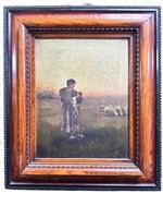 19c Oil on Canvas of Shepherd Boy with Sheep Flock