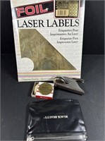 Laser labels, Notary seal and black bag.