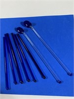 6 vintage cobalt blue glass swizzle stir sticks