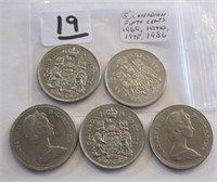 5 Canadian Fifty Cents Coins-1969,1974x2,1975,1986