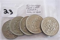 5 Canadian Fifty Cents Coins-1974x2,1976,1978x2