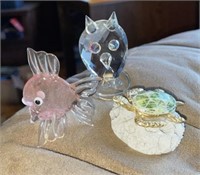 Vintage Crystal Owl Figure, Glasswork Pink Fish &