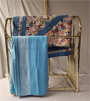 Quilt Rack w/ Quilt & Blue Table Cloth