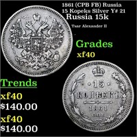 1861 (CPB FB) Russia 15 Kopeks Silver Y# 21 Grades