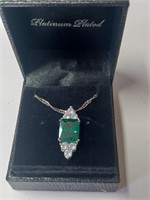 Silvertone Green Stone Pendant Necklace