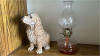 Vintage Oil Lamp & Dog Statue