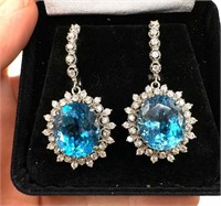 14k White Gold Blue Topaz & Diamond Earrings