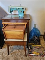 WHITE SEWING MACHINE W/CABINET, SEWING BOX WITH