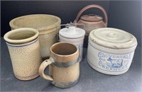 (F) Vintage Kitchen Stoneware, Mugs And Teapot
