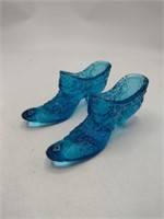 2-Vtg Turquise Blue Daisy & Button Art Glass Shoes