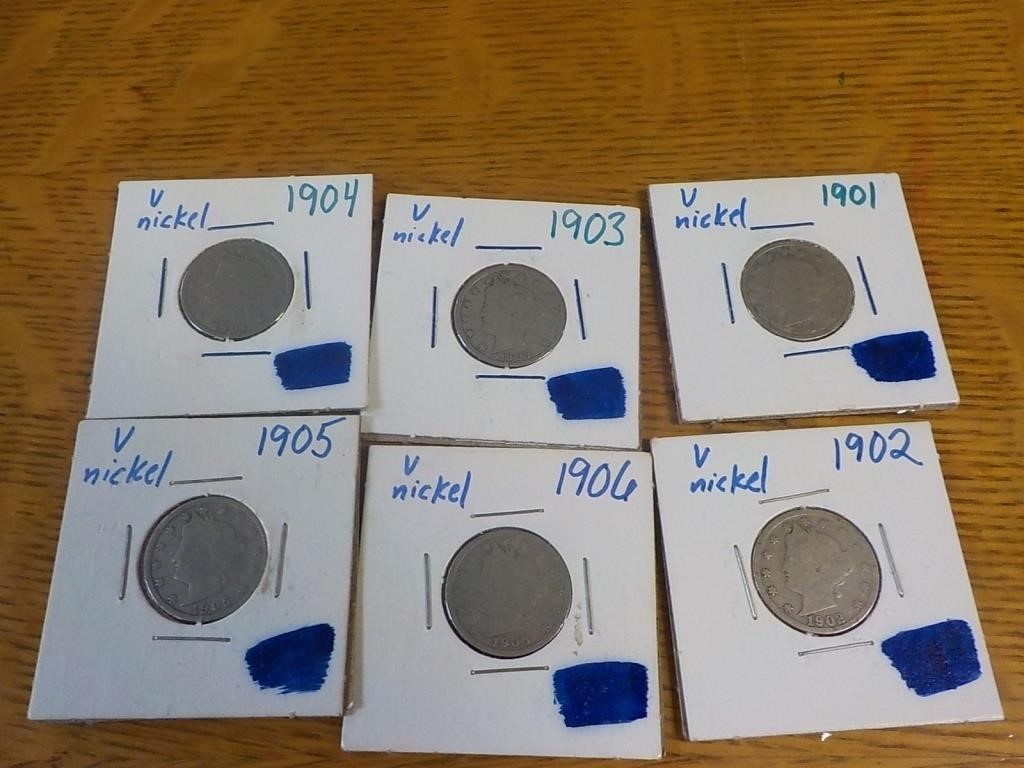 6 V nickels, 1902,03,04,05,06 all