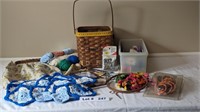 CRAFT BASKET WITH YARN, CROCHETTE NEEDLES, VINTAGE