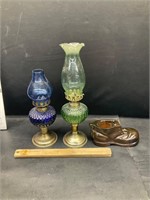 2 oil lamps and shoe