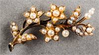 Antique 14K Yellow Gold Seed Pearl Brooch / Pin