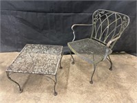 Wrought Iron Chair & Side Table, weather worn