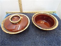 2-- HULL BROWN DRIP POTTERY DISHES, 1 LID