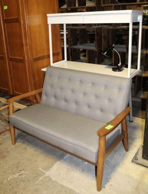 Upholstered Loveseat, (2) White Desks