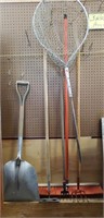 4 Assorted Garden Tools, Broom & Fishing Net